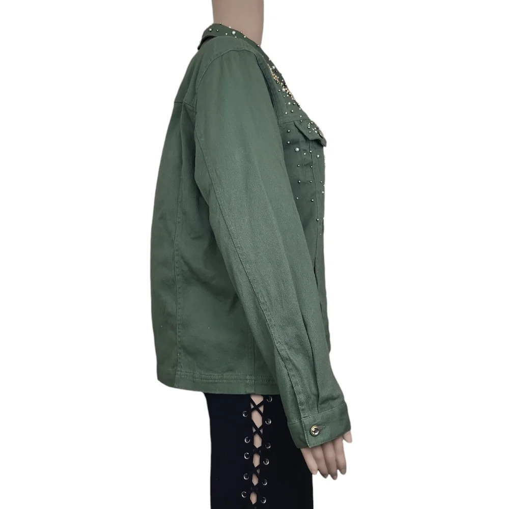 Quacker Factory Embellished Rhinestones Green Jacket Button Up - Picture 4 of 4